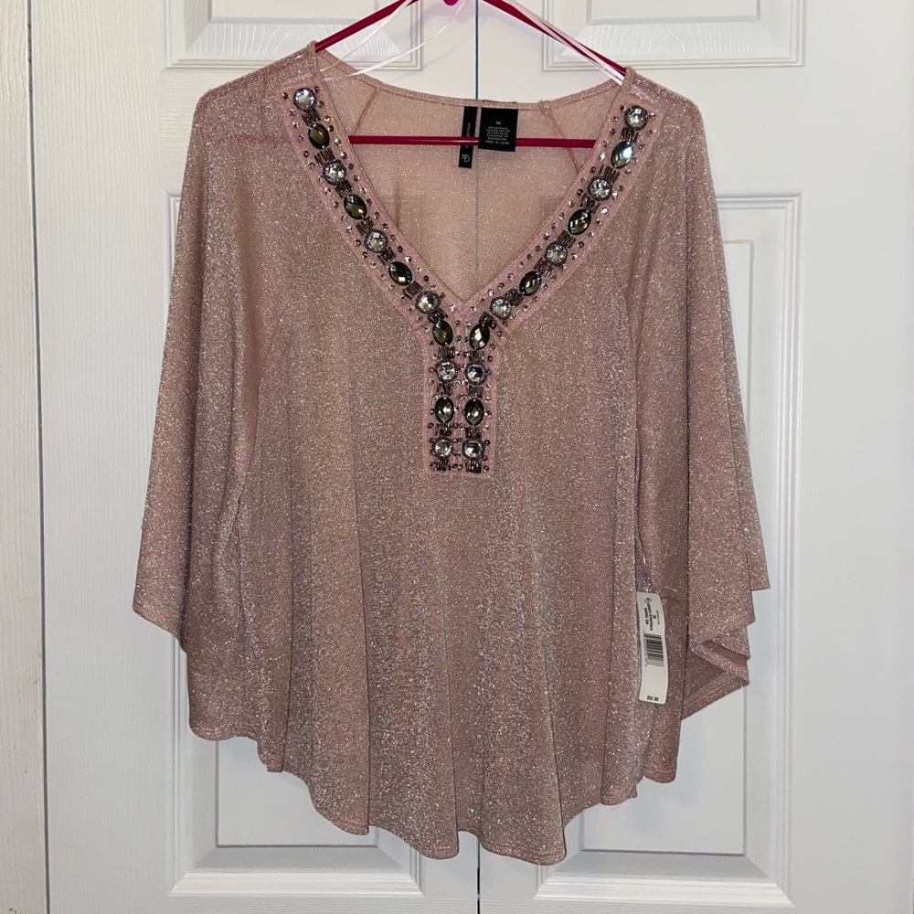 New Directions Sheer Pink/Silver Top with Silver Rhinestone Detail